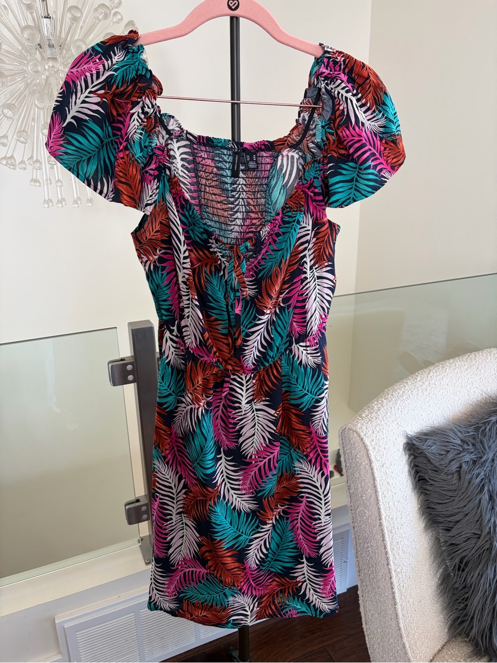 Vero Moda Tropical Leaf Mini Dress - Green, Pink & Brown